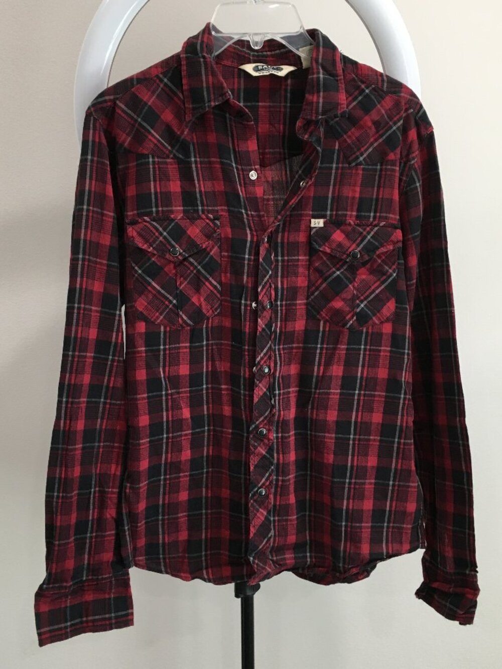 SALT VALLEY Western Long Sleeve Red Black White Plaid Snap Button Shirt